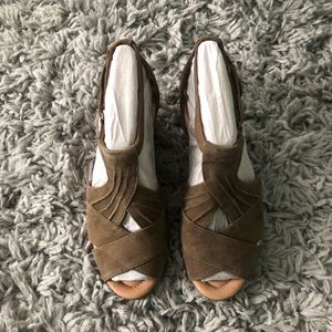 Earth Suede Peep Toe Wedge